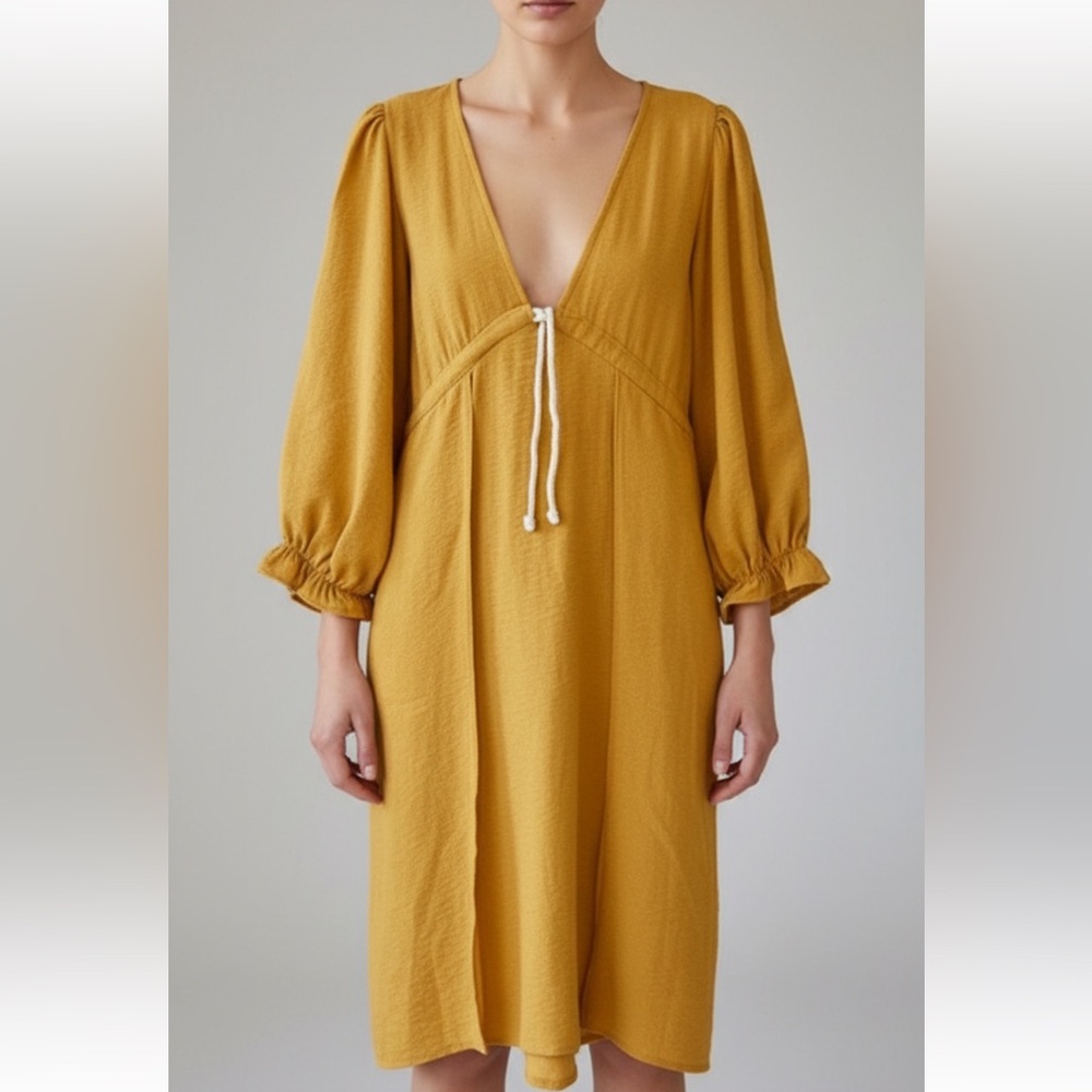 STUNNING CLAUDE TULUM MUSTARD V-NECK BOHO DRESS W/ SLIT SLEEVES NWOT‎